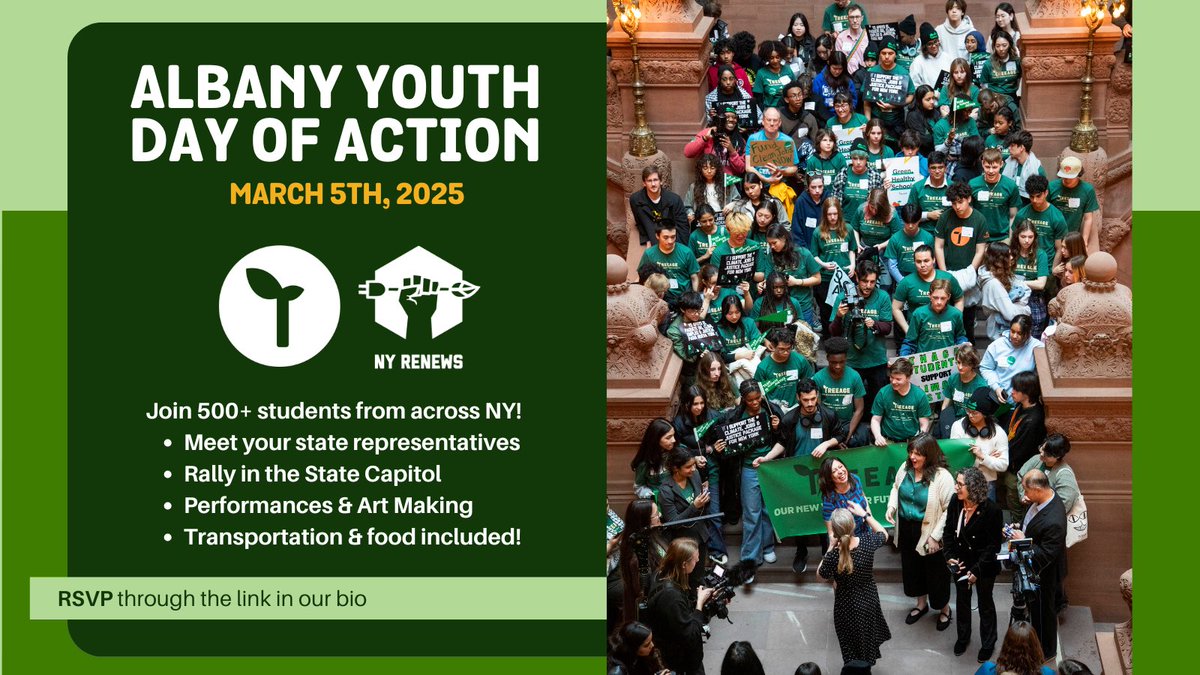 Join TREEage &amp; <a href="/NYRenews/">NY Renews</a> on March 5th for the Youth Day of Action at the NY State Capitol!  

💬 Rally with 500+ students  
🎨 Art-making &amp; performances  
🤝 Meet 100+ state leaders  
🚍 Free transportation &amp; food  

Let’s push for bold climate action! 💚
tr.ee/eGCITJxJA2