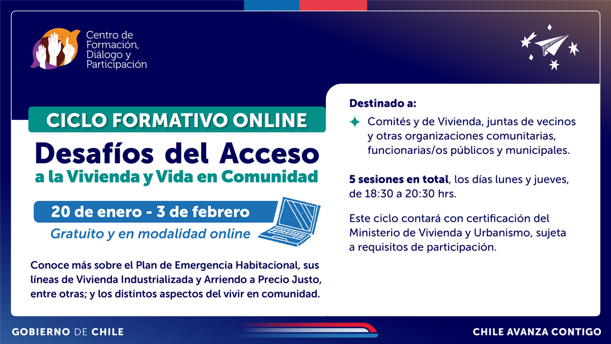 Minvu's tweet photo. 📢 ¡Inscríbete a nuestros ciclos formativos online!

🗓️ Desde el lunes 20 de enero podrás saber más sobre el #PlanEmergenciaHabitacional, Viviendas Industrializadas, Arriendo a Precio Justo y otros temas.

🤳 Inscripciones y más información acá: https://t.co/h2SI1sFqnY https://t.co/9smZNynerV