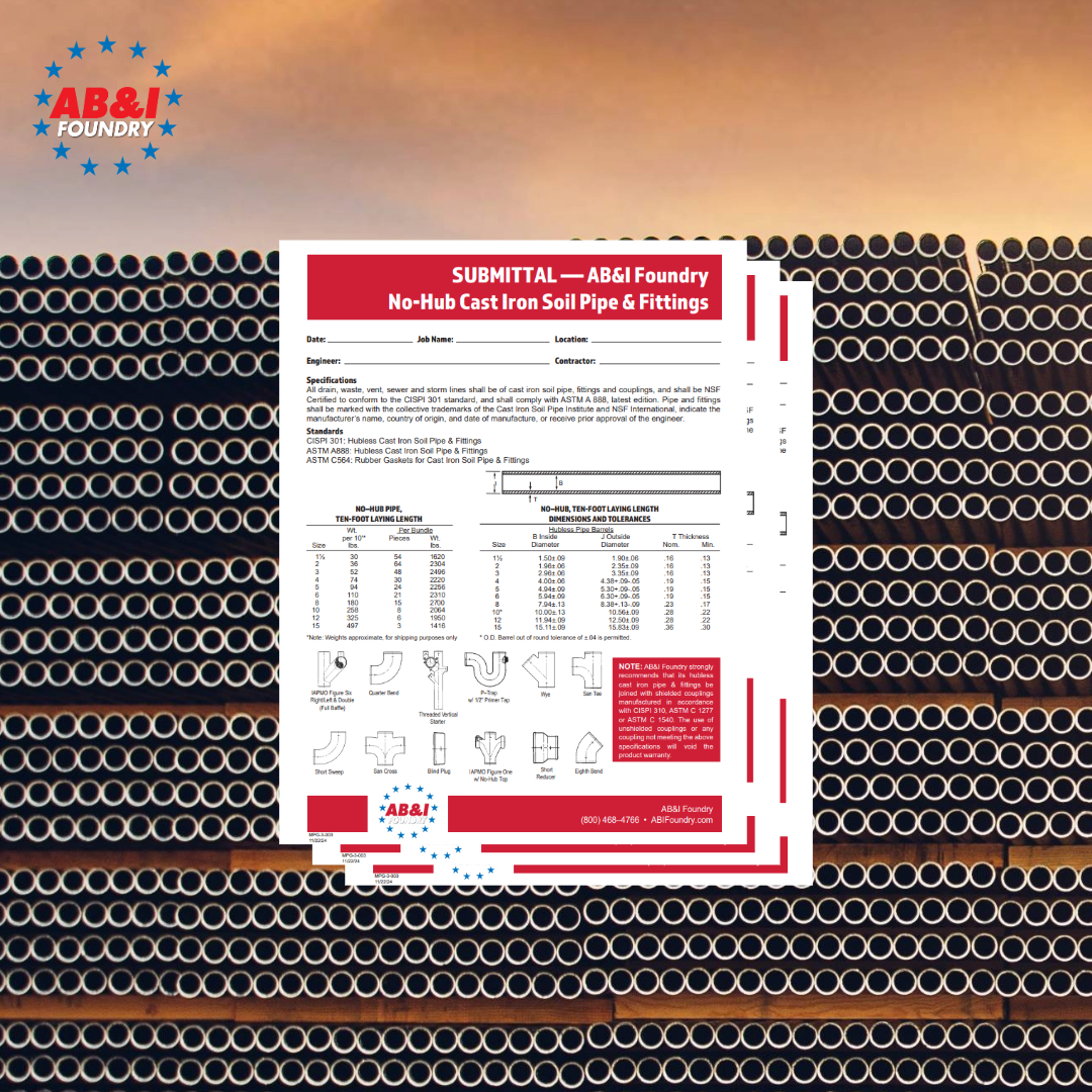 Want to learn more about AB&amp;I Foundry's cast iron pipe and fittings? Check out all the info you need with our submittal sheets available on our website. Ready to explore? Click here now: bit.ly/3ItkvjY  🔥 #trueindustrypartner #americantradition