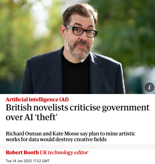 ednewtonrex's tweet photo. Writers, musicians, actors &amp; other creators strongly oppose upending copyright law to favour AI companies, as suggested in the UK's AI Opportunities Action Plan.

As Kate Mosse says, seeking economic growth "cannot be on the basis of theft of our work".

https://t.co/m29oH5JBz3 https://t.co/3HRL2AQmL5