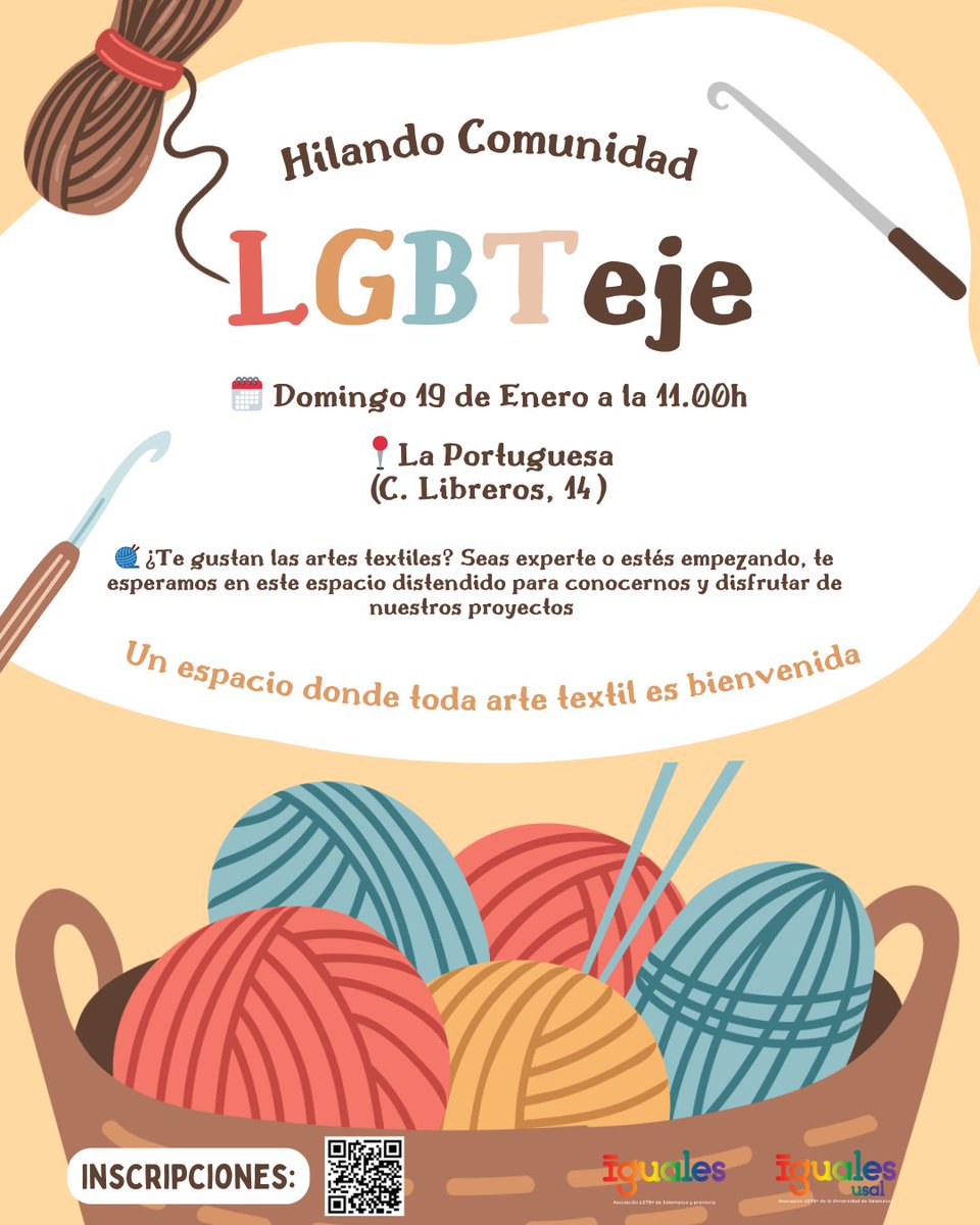 🧶 ¿Te gustan las artes textiles? Seas experte o estés empezando, te esperamos para conocernos y disfrutar de nuestros proyectos

🗓️ Este domingo, 19 de enero
🕙 11.00 am
📌 La Portuguesa (C/ Libreros, 14)