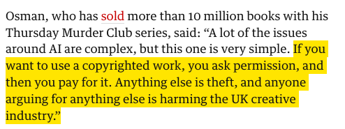 ednewtonrex's tweet photo. Writers, musicians, actors &amp; other creators strongly oppose upending copyright law to favour AI companies, as suggested in the UK's AI Opportunities Action Plan.

As Kate Mosse says, seeking economic growth "cannot be on the basis of theft of our work".

https://t.co/m29oH5JBz3 https://t.co/3HRL2AQmL5
