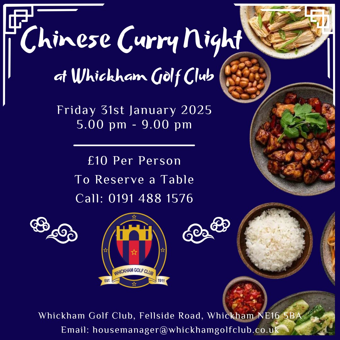 Join us for our Curry Night on Friday the 31st of January. Bring your friends or family to the Club and savour Chef Paul Churnside's selection of mouth-watering curries. Only £10.00 per person.