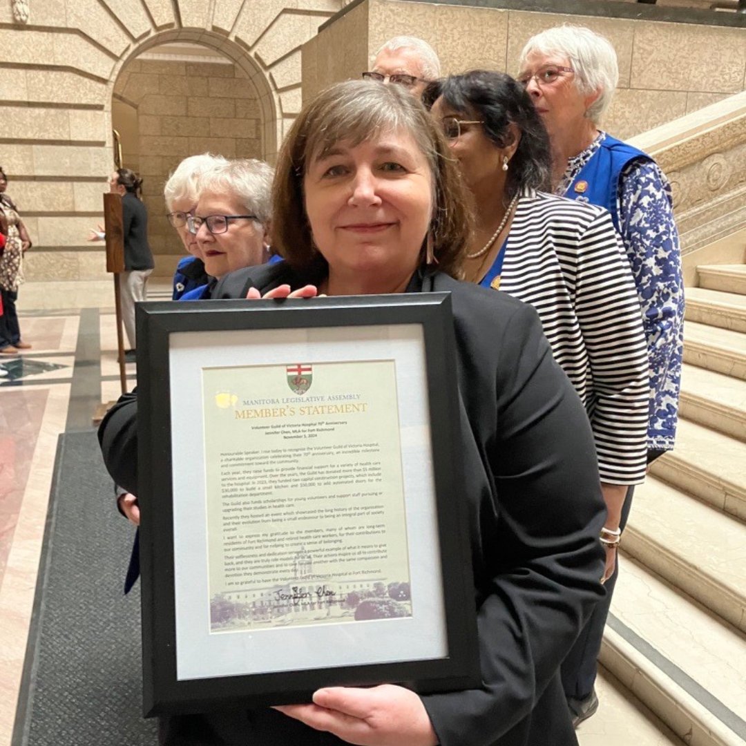 SupportTheVic's tweet photo. Congratulations to the Volunteer Guild of Victoria Hospital on their 70th Anniversary! 🎉 @JenFortRichmond presented a Legislative Assembly Member's Statement, recognizing their 70 years of dedicated fundraising for @TheVicWinnipeg. #SupportTheVic #Volunteering #Winnipeg https://t.co/ZMfZVYnvXg