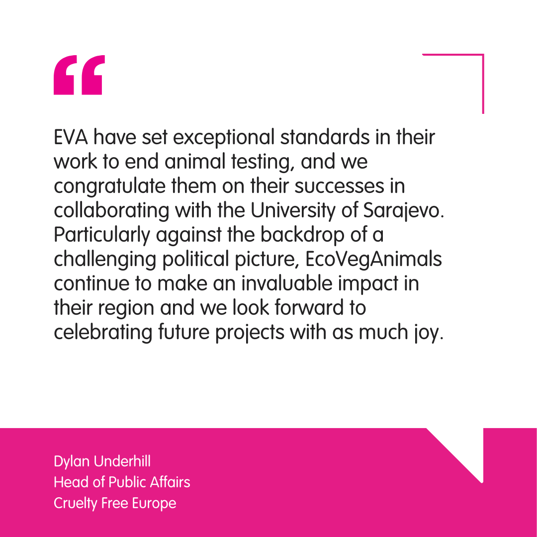 The Geoffrey Deckers Award awards an additional funding of 3000e to our Bosnian member, EcoVegAnimals (EVA), for its work to implement non-animal methods at the Faculty of Pharmacy, University of Sarajevo.

Learn more and support a #CrueltyFreeEU: bit.ly/3DOBQVK
