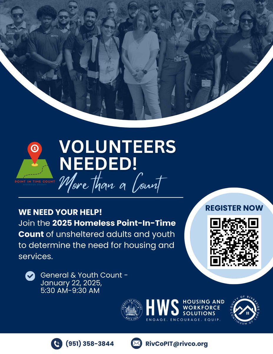 riversidecagov's tweet photo. Be part of the solution and help us pave a path to reducing homelessness in #RiversideCounty. Join us at the 2025 Homeless #PointInTimeCount on Wednesday, January 22, from 5:30-9:30 AM.

Sign up to volunteer today: https://t.co/aUcgfchCOT https://t.co/SDqQhdEXJu