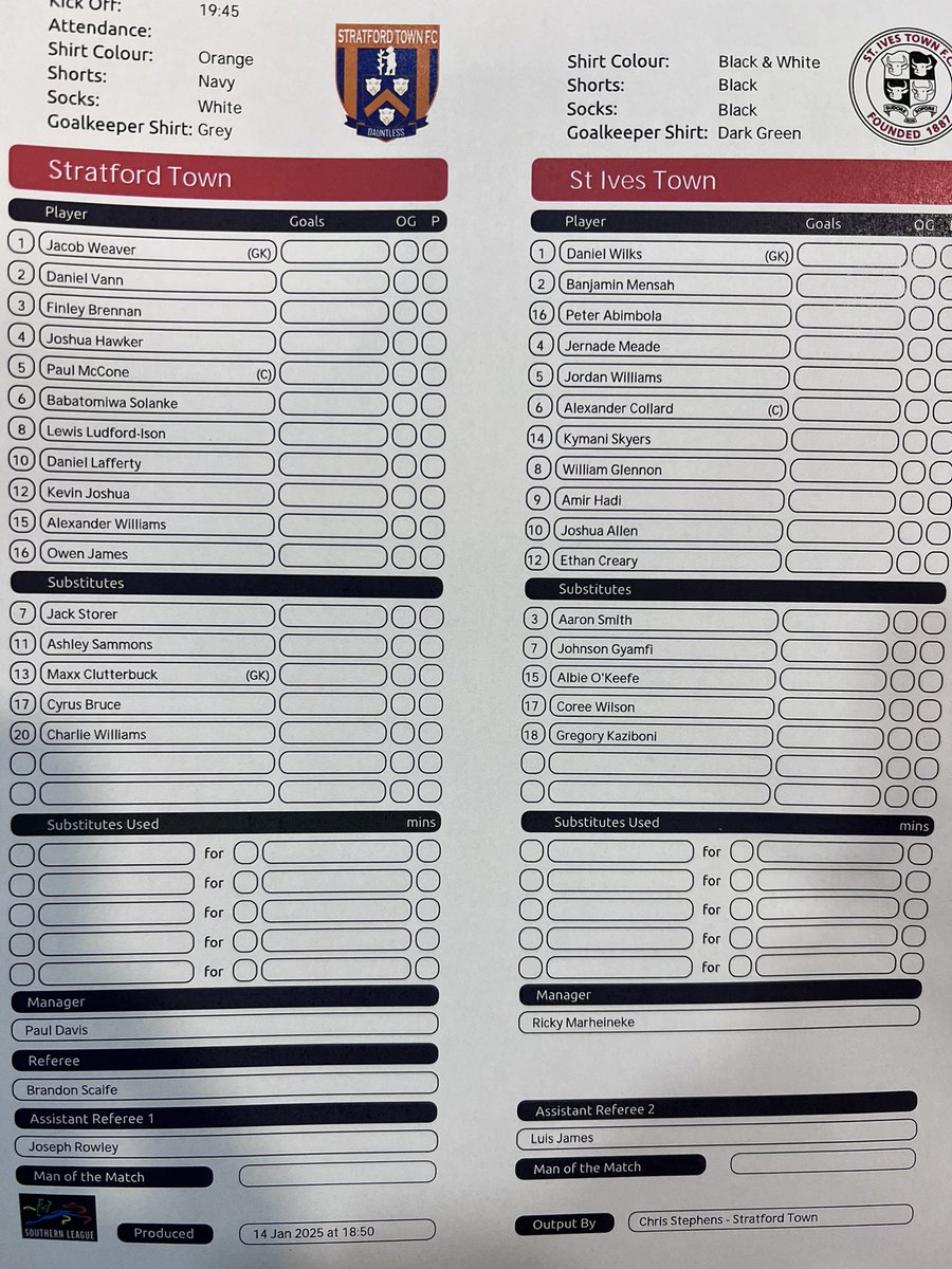 writeanglemedia's tweet image. Here are the teams for @StratfordTownFC v @stivestownfc at the @ArdenGarages Stadium tonight. A league debut for Kevin Joshua and a second debut for @WBA youngster Alex Williams