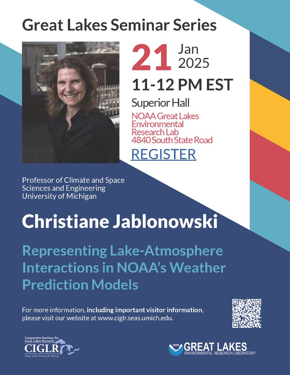 CIGLR (@ciglr_um) on Twitter photo 🚨 Join us @ 11am TUESDAY, Jan 21! for a #GreatLakes #seminar titled: "Representing Lake-Atmosphere Interactions in NOAA’s Weather Prediction Models"
Who: Christiane Jablonowski (<a href="/umclasp/">U-M Climate & Space</a>, <a href="/UMich/">University of Michigan</a>)
Registration & more: ciglr.seas.umich.edu/event/012125-c… #GreatLakesSci #Webinar 🚨 Join us @ 11am TUESDAY, Jan 21! for a #GreatLakes #seminar titled: "Representing Lake-Atmosphere Interactions in NOAA’s Weather Prediction Models"
Who: Christiane Jablonowski (<a href="/umclasp/">U-M Climate & Space</a>, <a href="/UMich/">University of Michigan</a>)
Registration & more: ciglr.seas.umich.edu/event/012125-c… #GreatLakesSci #Webinar
