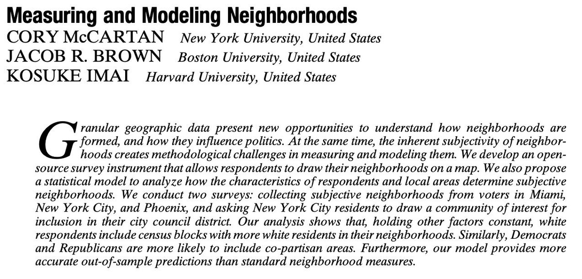 From our new issue: "Measuring and Modeling Neighborhoods" by Cory McCartan (<a href="/CoryMcCartan/">Cory McCartan</a>), Jacob Brown, and Kosuke Imai. #ASPRNewIssue cambridge.org/core/journals/…