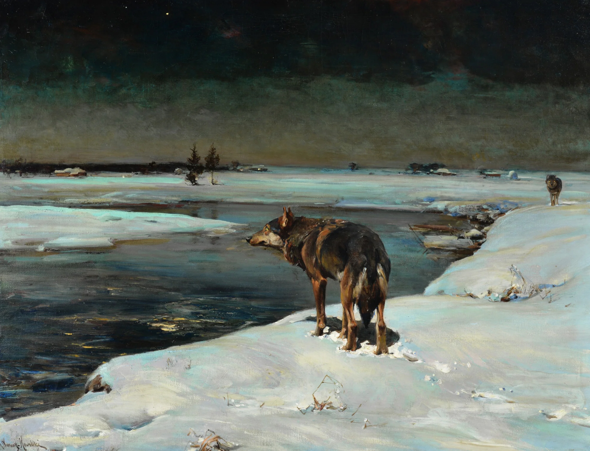 DailyClassicArt's tweet photo. Alfred von Wierusz-Kowalski - "Wolf at Night" (1910) https://t.co/F0nr1Jkhql