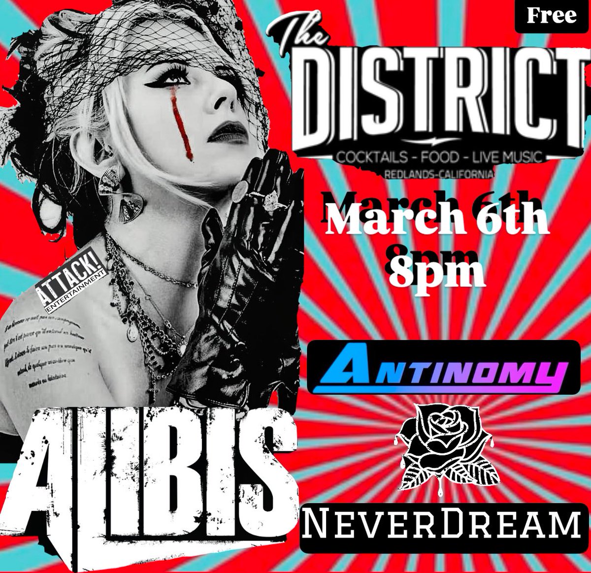 Stoked that March 6th it is going off thanks to Attack Attack Entertainment! We will be rocking the house at The District with Antimony and and Never Dream LA! 

Starts at 8pm 
Free Show 21+
Come out and watch us tear it up! 🔥