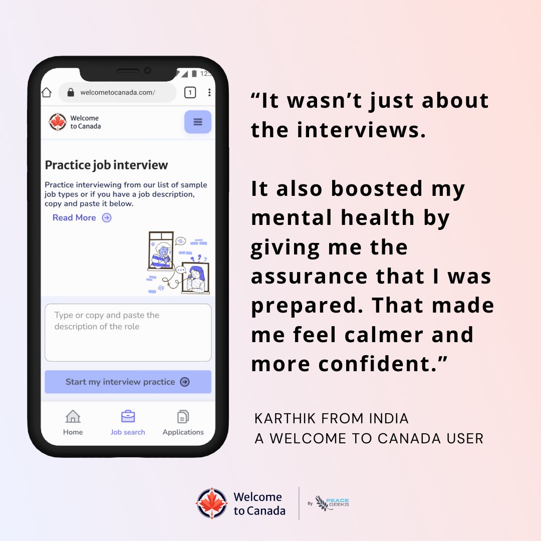 WelcometoCAN's tweet photo. 🇨🇦 Starting a new life in a new country can come with its challenges, and job #interviews are no exception. Feeling unprepared can lead to stress, self-doubt, and even fear of trying again after a difficult experience. One of our newcomer users opened up about this:

💬 "There are people who have anxiety (about interviews) and constant regret after an #interview, and that regret even…completely shuts them off, they would never go for another one." 

But it doesn’t have to be that way. Our AI-powered Interview Coach is designed specifically to support #newcomers in preparing, practicing, and walking into interviews with confidence. You already have what it takes - with the right tools and support, you can overcome anxiety, grow with each experience, and take meaningful steps toward achieving your career goals! 💪 

Don’t let fear hold you back. Build the confidence you need to succeed - one interview at a time! ➡️ Let's get started today with our free AI Interview Coach at https://t.co/QULhw6ehF5

Share this with your newcomer friends to support their journey! 

#welcometocanada #techforgood #newcomersupport #professionaldevelopment