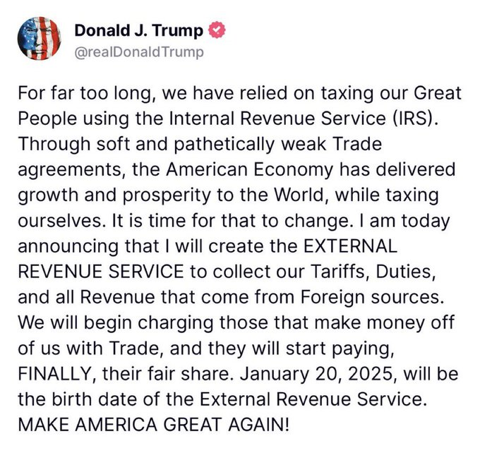 TFTC21's tweet photo. President Trump announces plans to abolish the IRS and replace it with the "External Revenue Service," tasked with collecting tariffs and foreign trade revenues instead of taxing American citizens. https://t.co/mEqSL6rDom