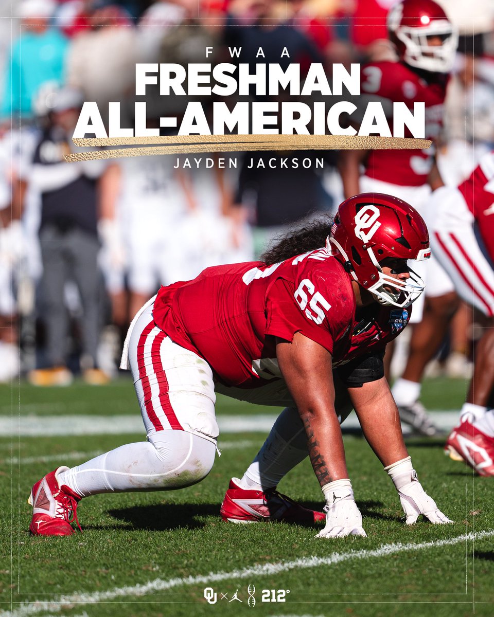 OU_Football's tweet photo. FWAA Freshman All-American » Jayden Jackson 

https://t.co/nFvea5GFzy | #OUDNA https://t.co/FiIlZiFKZa