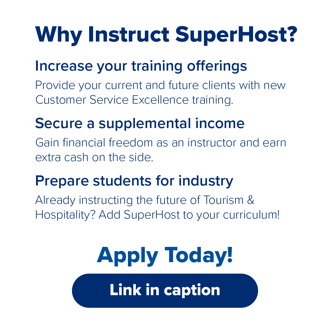 Are you a #trainer passionate about #customerservice? We're ISO new instructors for the SuperHost: Foundations of Service Quality Course!
📅 Feb 11–13, 2025 (Virtual)
💰 $395+tax (1st yr cert. included)
Apply now to empower #tourism &amp; #hospitality pros: link.go2hr.ca/4jbu8oT