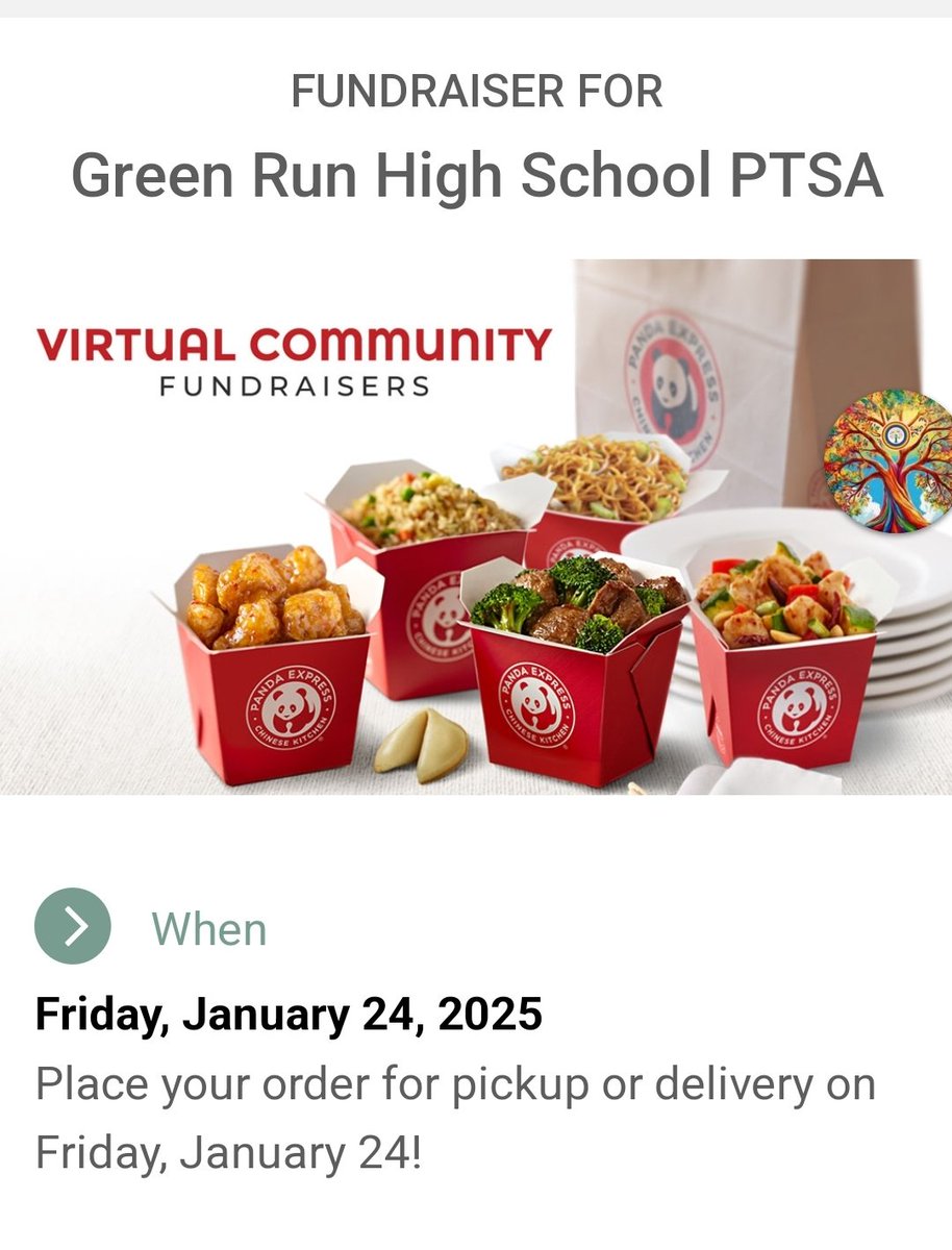 Here ye! Here ye! On Fri. 1/24th, you're going to have Panda Express, at least once! When you order online or through their app using code 9000577, 28% of the sales will go to Green Run High School's PTSA! community-fundraiser.com/virtual-fundra…