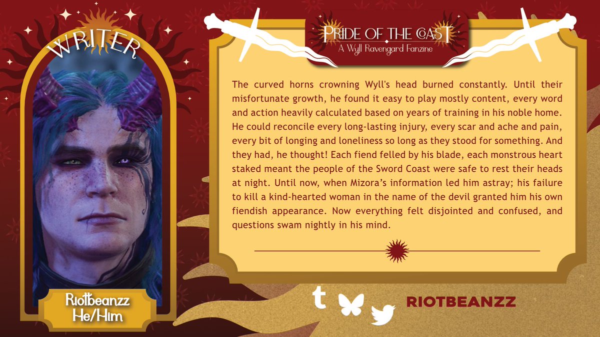 WyllZine's tweet photo. ⚔️Our first spotlight of the day is @riotbeanzz ! one of our very talented and wonderful writers, who can also find on tumblr and bsky! Please welcome this dedicated Wyll fan and writer to the zine! https://t.co/qxZPwOv2Q1