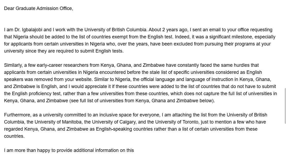 olumuyiwaayo's tweet photo. Congratulations!

Ghana, Zimbabwe, and Kenya have been added to the list of countries not required to provide an English proficiency test at the University of Alberta.

On April 15, 2024, I contacted the University of Alberta once again, two years after my initial request to have Nigeria added to the list of countries exempted from the English language test. While Nigeria was eventually included on that list, I used the opportunity to advocate for the addition of Ghana, Zimbabwe, and other English-speaking African countries.

I am happy to see that Ghana, Zimbabwe, and Kenya have now been added to the list of countries exempt from the English proficiency test at the University of Alberta.

Kudos to the following for supporting our first letter back in 2022:

1. Nurudeen Rahman
2. Dimah, Prince Ishmael
3.  Elmond Bandauko @elmondbandauko

https://t.co/8ghQ9nBFBY