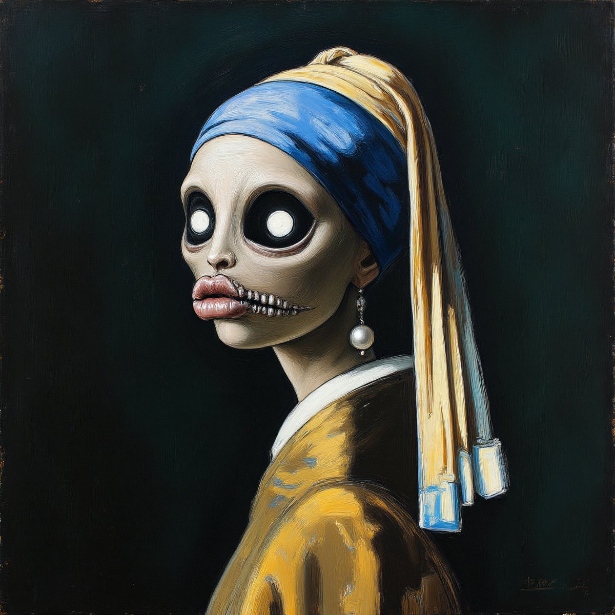 PromptSin's tweet image. A haunting twist on a classic! 👁️✨ Embrace the eerie beauty of art. #Art #Surrealism #CreepyVibes