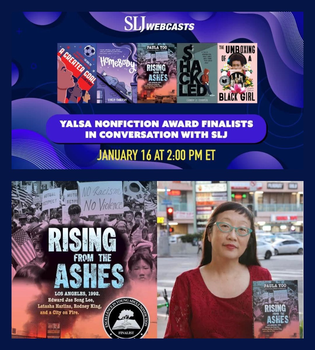 RISING FROM THE ASHES🔥✊📚1/16/25 Join Yoo &amp; 2025 #YALSANonfiction Award finalists Candy J Cooper Theo Parish Elizabeth Rusch Angela Shanté <a href="/yalsa/">YALSA</a> <a href="/sljournal/">SchoolLibraryJournal</a> panel! Register🔗 hubs.la/Q0326ZHZ0 🔗 ala.org/news/2024/12/y… My #LAFires #LAStrong blog🔗 paulayoo.com/lastrong-1992-…
