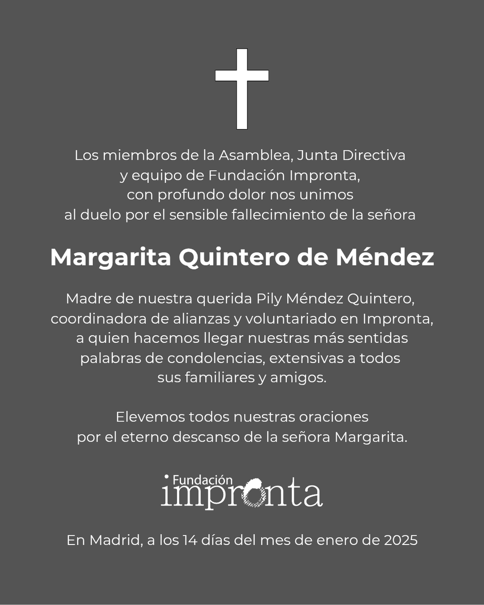 Con mucha tristeza notificamos el fallecimiento en Madrid, España, de la Sra. Margarita Quintero Lima de Méndez,  madre de nuestra querida Pily. 
QEPD