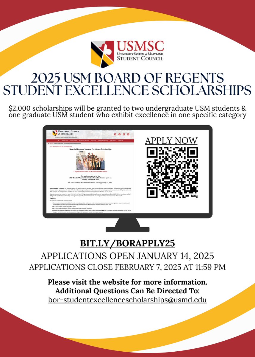 Univ_System_MD's tweet photo. The USM Board of Regents is now accepting applications for the 2025 Student Excellence Scholarships for students enrolled at USM universities. $2,000 scholarships will be awarded to 2 undergraduate students & 1 graduate student in each of the following categories:

⭐️ Leadership & Advocacy
⭐️ Outreach & Engagement
⭐️ Innovation & Creativity
⭐️ Academics, Scholarship & Research

Full details on eligibility & the application process at
https://t.co/Q2L0tOjocJ
