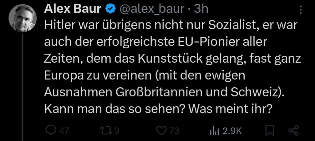 Der <a href="/alex_baur/">Alex Baur</a> der auch sonst gerne bewundernde Texte über Diktatoren und Faschisten schreibt, zeigt auch hier wieder einmal, warum es so wichtig ist im Gegenteil zu ihm,
einen richtigen Schulabschluss zu machen.