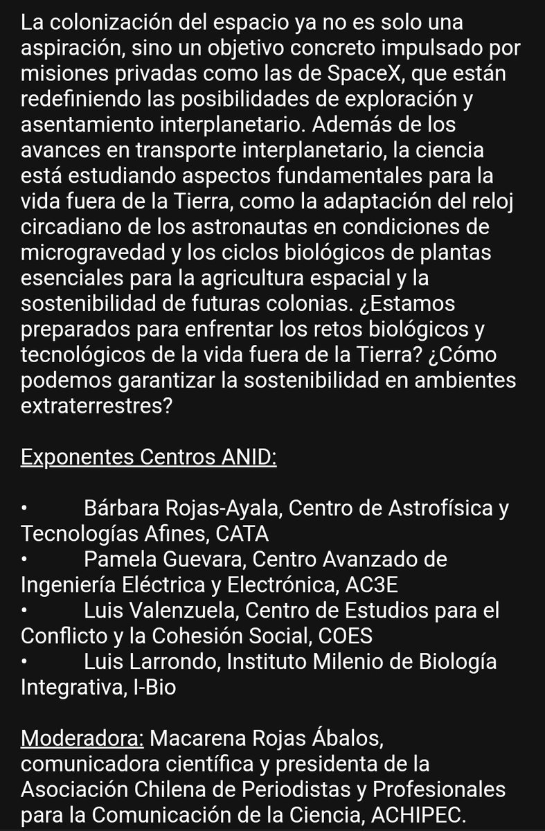 ✨Participaré este jueves 16 de Enero en el conversatorio "Colonización del Espacio" en el <a href="/congresofuturo/">Congreso Futuro</a> junto a investigadores de <a href="/CentrosAnid/">Centros ANID</a> y moderados por <a href="/Mrojas_Abalos/">Macarena Rojas Abalos</a> ✨
Inscripciones en: congresofuturo.cl/workshops
 #CongresoFuturo #espacio #astrobio 🚀👩‍🚀🦠🔭🔬🛰️🪐
