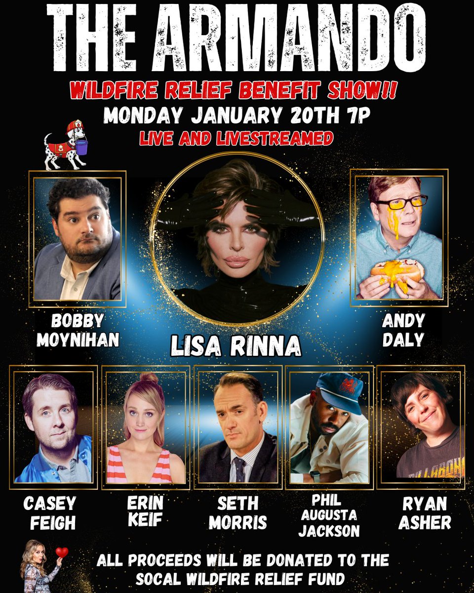 6 DAYS AWAY UNTIL THIS 🤯🤯 The Armando Improv Show in LA! Feat  #LisaRinna!!

Monday January 20th at 7pm
The Elysian Theater

TICKETS HERE - elysiantheater.com/shows/thearman…

Live &amp; Livestreamed so you can watch from home!!

100% of the proceeds support victims of the SoCal Wildfires!