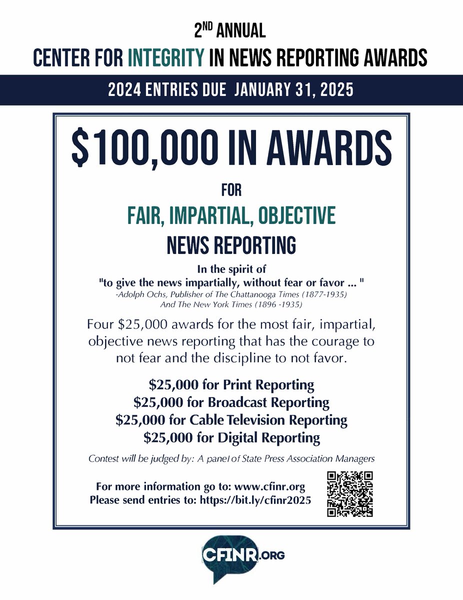 Enter the 2nd annual CFINR awards.  $25K award for fair, impartial, objective print news reporting.  Deadline Jan 31. 
newspapercontest.com/Contests/Cente…