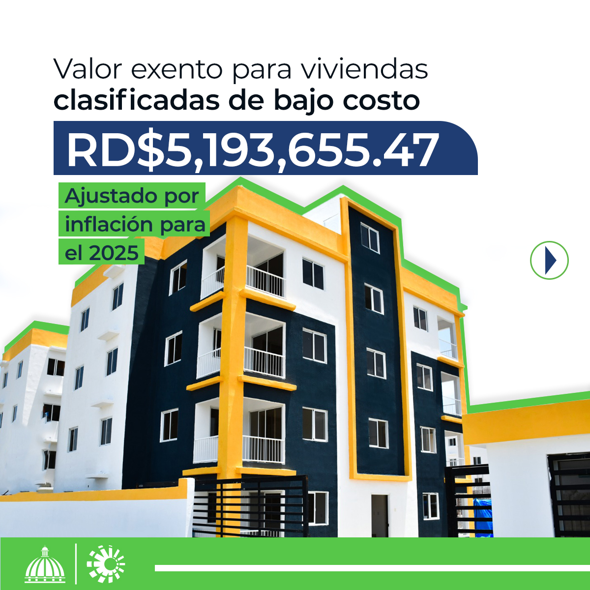 DGii's tweet photo. Ha sido ajustado por inflación el monto exento para el pago del Impuesto al Patrimonio Inmobiliario (IPI) y el valor exento para este año 2025 de las viviendas con clasificación de bajo costo. Más detalles en la Resolución DDG-AR1-2025-00001, publicada en https://t.co/9mWOezGk0Q. https://t.co/jm3Iz1wSdK