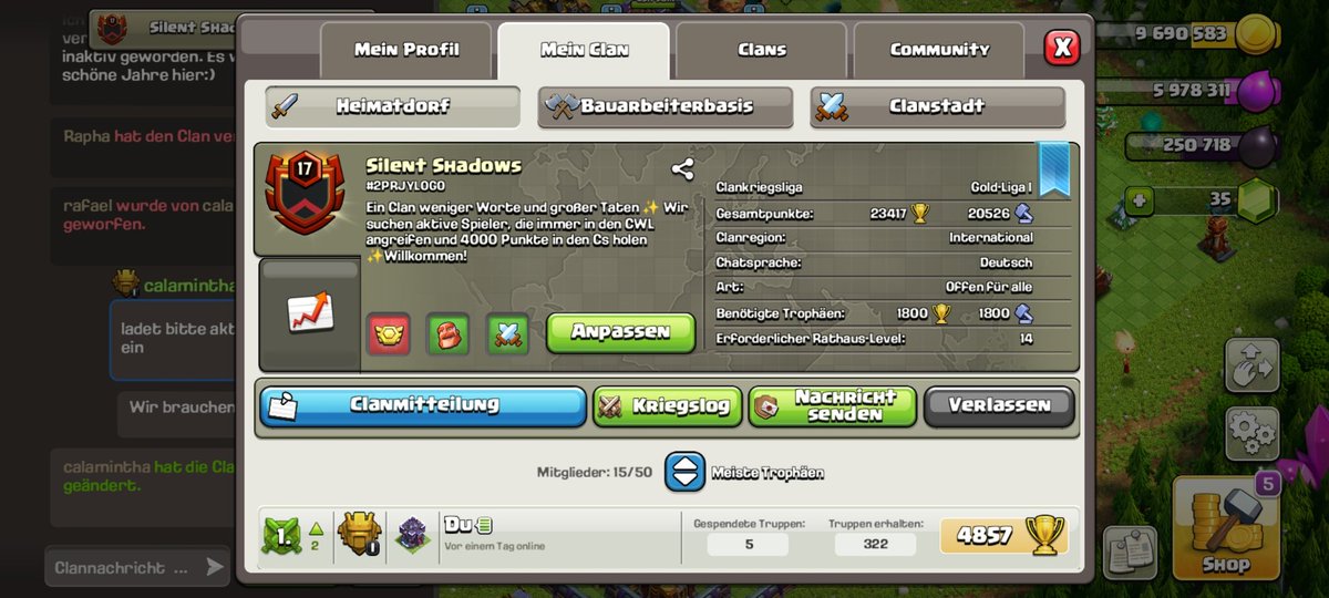 Ich suche dringend aktive CoC-Spieler für meinen Clan. Seid ihr interessiert?