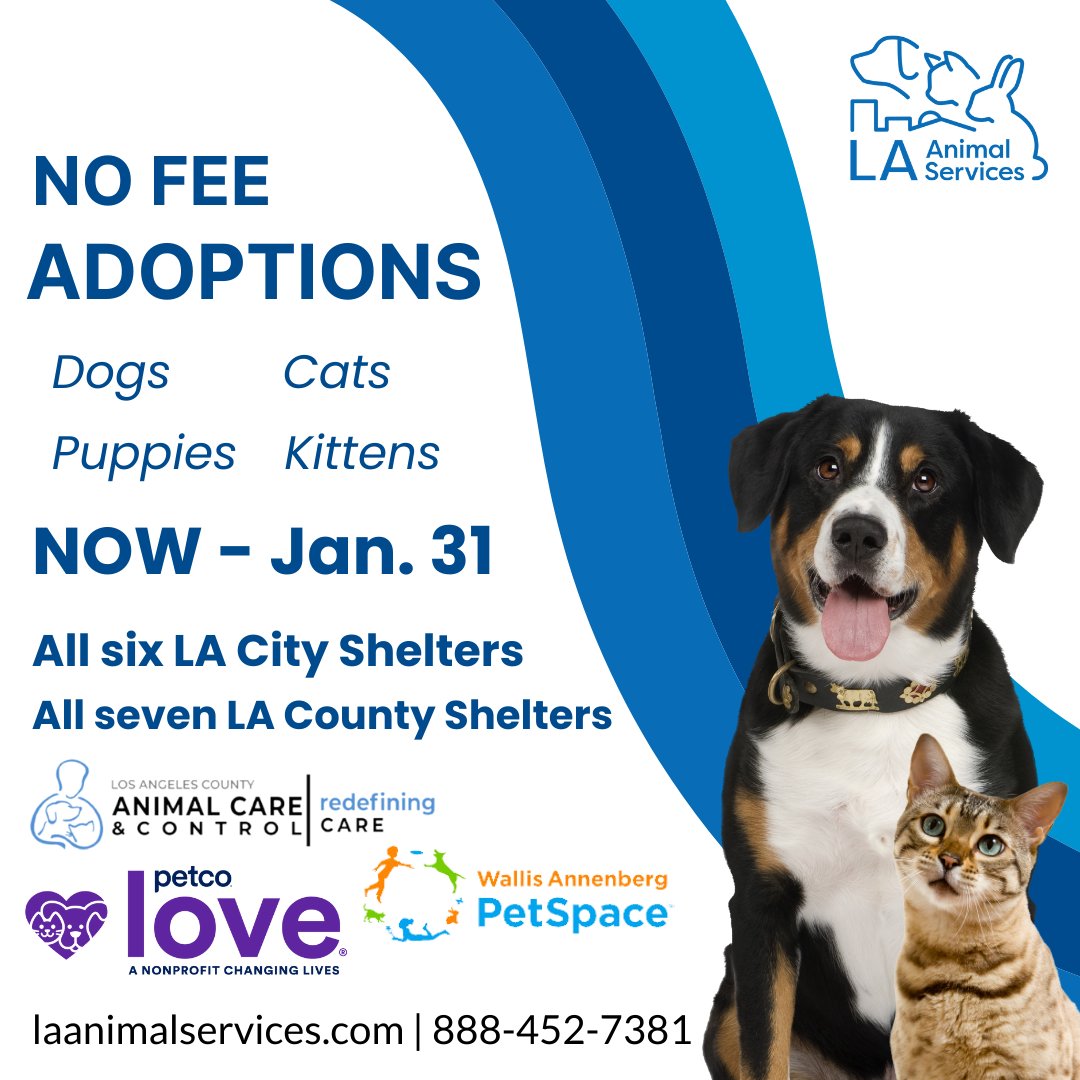 To encourage adoption during this critical time, non-profit organizations <a href="/petcolove/">Petco Love</a> and @annenbergpetspace are sponsoring all no-fee adoptions at both the LA City and County Animal Shelters NOW through the month of January. conta.cc/4gRKbGN