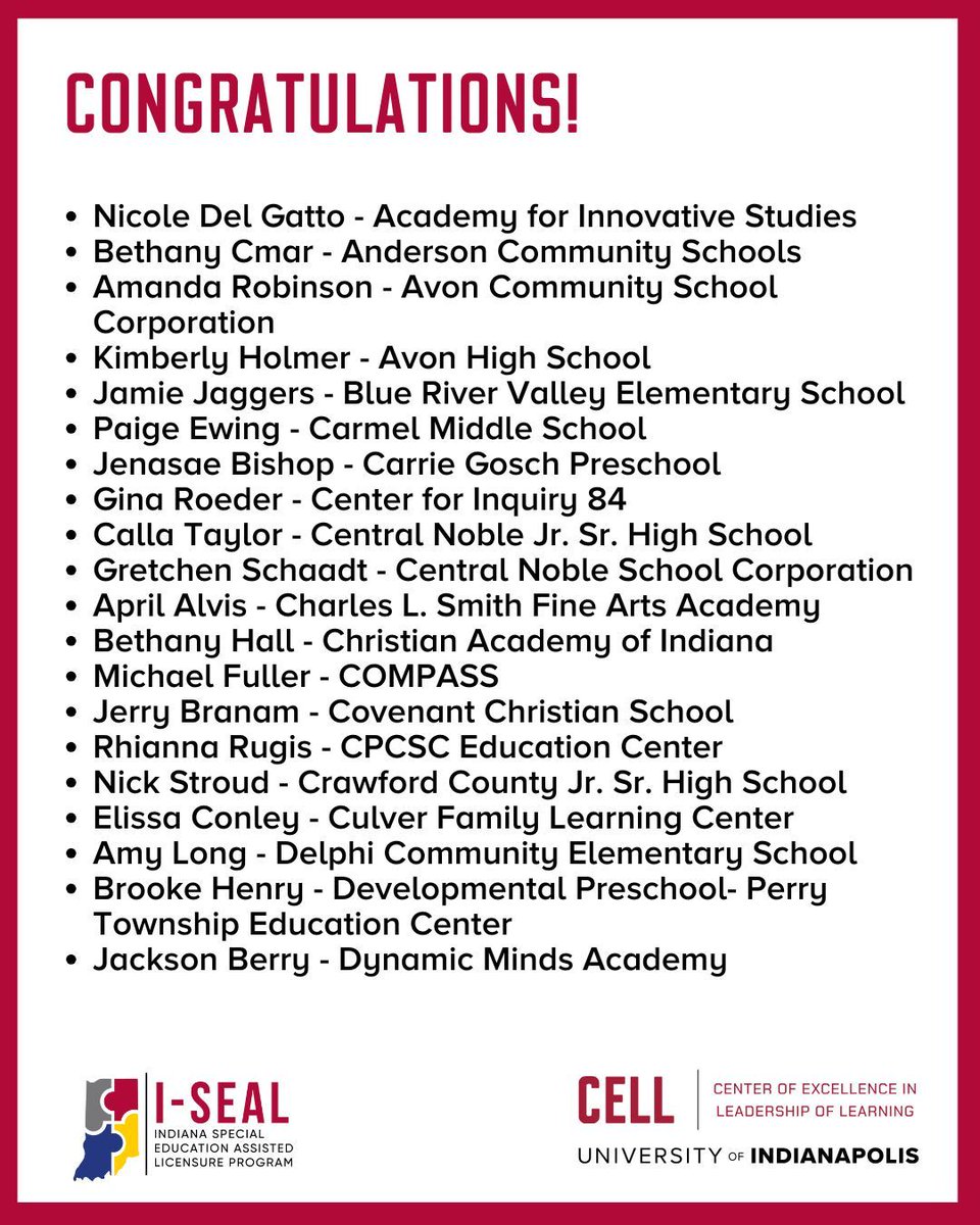 CELLuindy's tweet photo. π100 educators have completed graduate coursework for #specialeducation licensure through I-SEAL since October! Learn more at https://t.co/brrv2NbS42 and join us in congratulating the first group. #IndianaSEAL
@EducateIN @andersoncomsch @OrioleTweets @BRVSchoolsIN @myccs @CentralNoble @christianacad @CCCSWolfpack @cpschoolcorp @EVSC1 @IPSSchools @MSDMartinsville @PerryTwpSchools