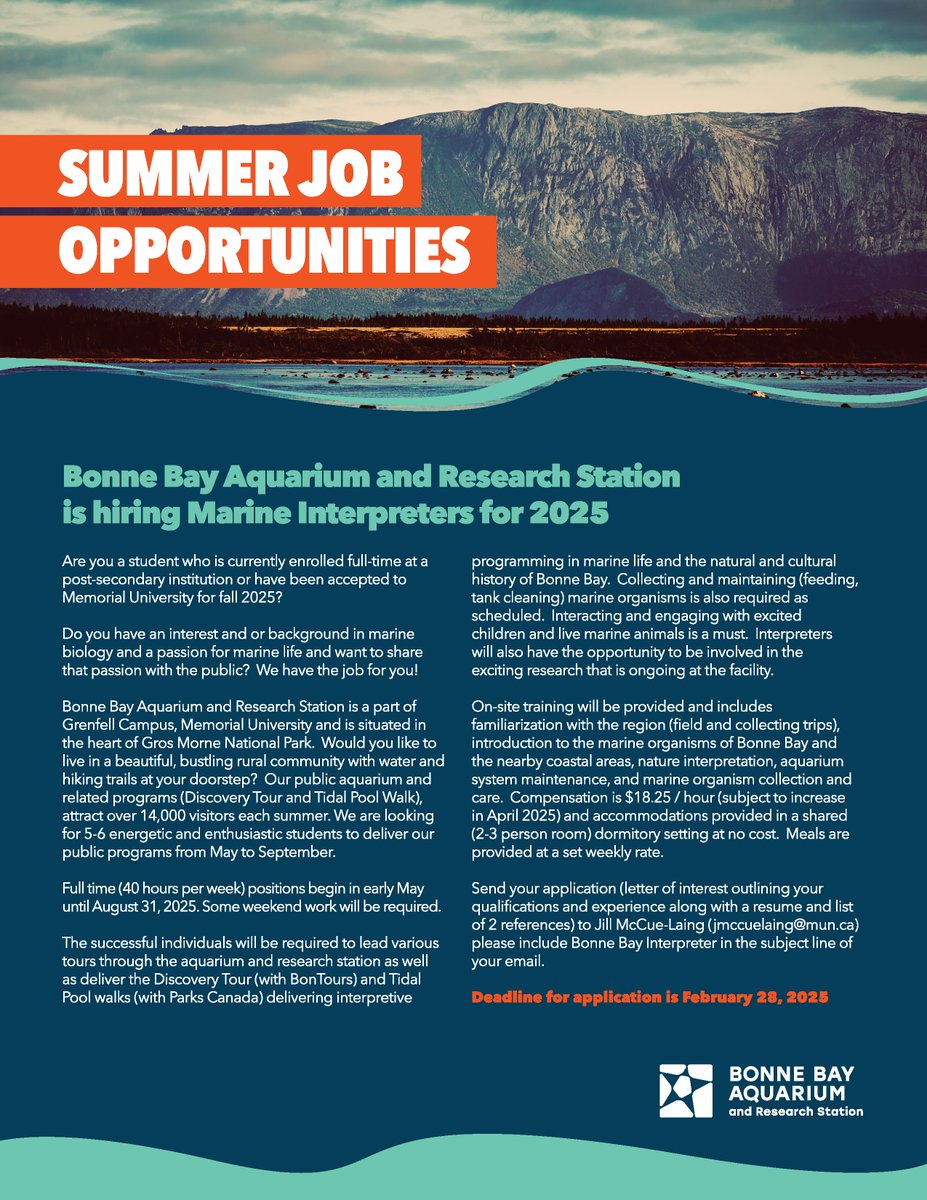 Looking for a fun and exciting Summer Job Opportunity? Check out the 2025 Marine Interpreters Jobs at the Bonne Bay Aquarium &amp; Research Station.