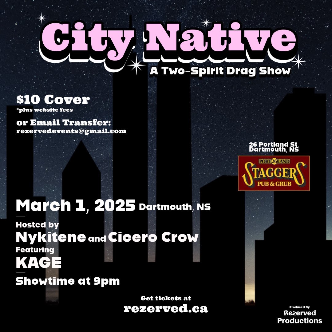 rezervedevents's tweet photo. Get ready for an unforgettable night at Staggers Pub &amp; Grub! Join Nykitene &amp; Cicero Crow as they host City Native: A Two-Spirit Drag Show live on March 1st, 2025 at 9 PM—featuring special performances by KAGE! See you there! Tickets at https://t.co/a7EyluG1my https://t.co/pf94qkTJQv