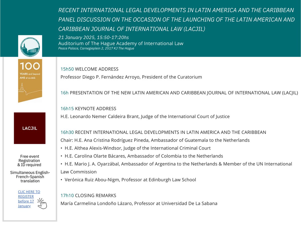 LACJIL's tweet photo. For those in The Hague next week, join us in our launching event:  “Recent International Legal Developments In Latin America and The Caribbean" 

Next Tuesday 21 January at 15:50 at the @HagueAcademy  

Register here: https://t.co/X4qcxdXAvA https://t.co/ntvhOaJaYY