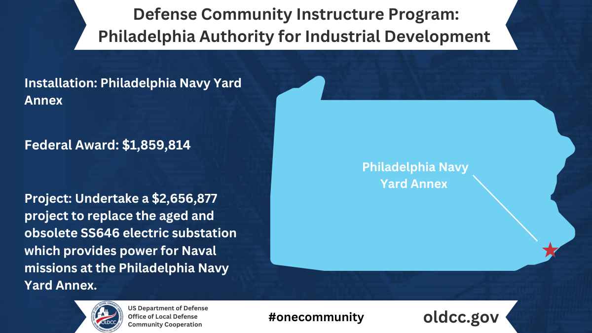 Office of Local Defense Community Cooperation (@oldccgov) on Twitter photo #ICYMI: Philadelphia Authority for Industrial Development received a DCIP grant to replace the aged and obsolete SS646 electric substation which provides power for Naval missions at the Philadelphia Navy Yard Annex. <a href="/NavyYardPhila/">Navy Yard Philadelphia</a> #navy #Infrastructure #ICYMI: Philadelphia Authority for Industrial Development received a DCIP grant to replace the aged and obsolete SS646 electric substation which provides power for Naval missions at the Philadelphia Navy Yard Annex. <a href="/NavyYardPhila/">Navy Yard Philadelphia</a> #navy #Infrastructure