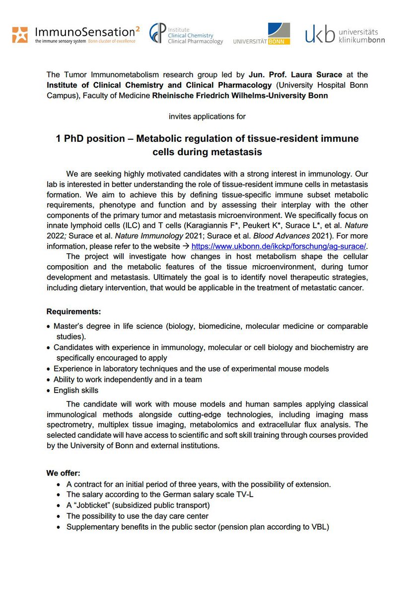 surace_laura's tweet image. 🚨 Job alert 🚨
1 PhD + 1 Technician
Our lab is looking for motivated candidates interested in understanding the impact of diets and lifestyle on tumor development, anti-tumor immunity and metastasis! Apply and join our team!
Info below 👇 .. please RT 🙏