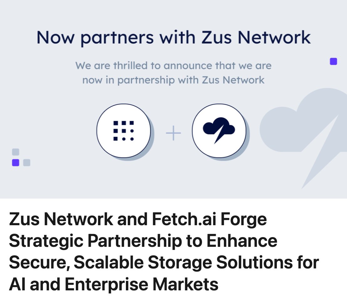 $FET 🤝 $ZCN

Fetch AI adds further towards their all encompassing AI ecosystem with integration for Zus Network.

Zus is a DePIN focused protocol for storage.

The key parameters around this partnership are:

• Full enterprise data ownership
• Third party breach security
•