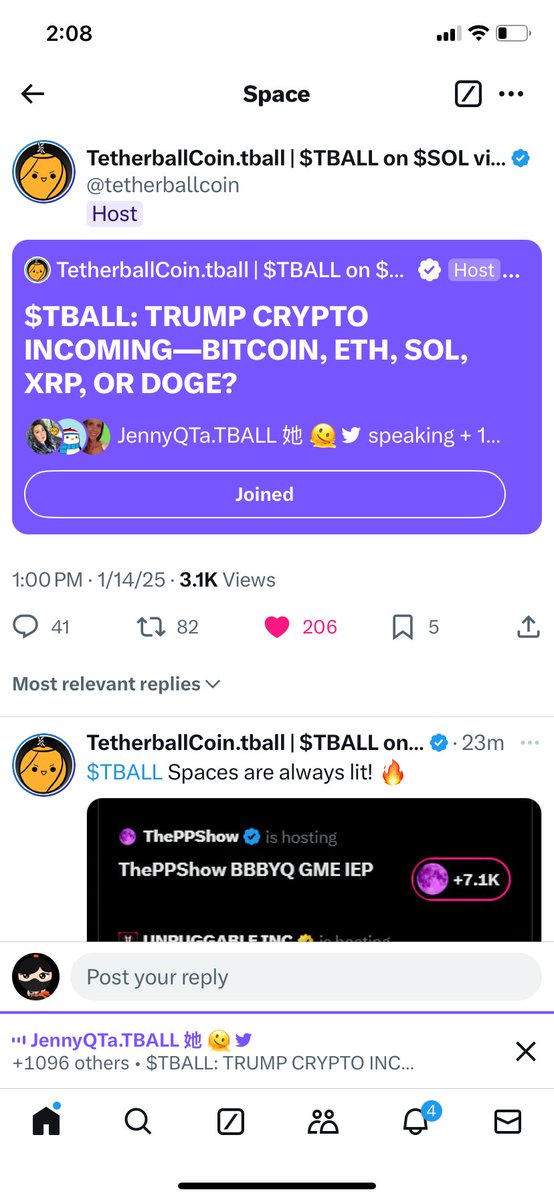 Web3NewbieIAm's tweet photo. @tetherballcoin 1096 ppl + @JennyQTa7 speaking = 1097 so far in todays @tetherballcoin space. 🔥💥🚀🏐 3.1K views & rising. For the next 7 $TBALL live spaces, I’m tagging 7 #randomOrder new followers. LFG! @CertLucas @RoarWeb3 @thaika @AlanGnft @degenghosty @Gustohellmen @JOHNERICLAROCA https://t.co/Yy4KUfyiax