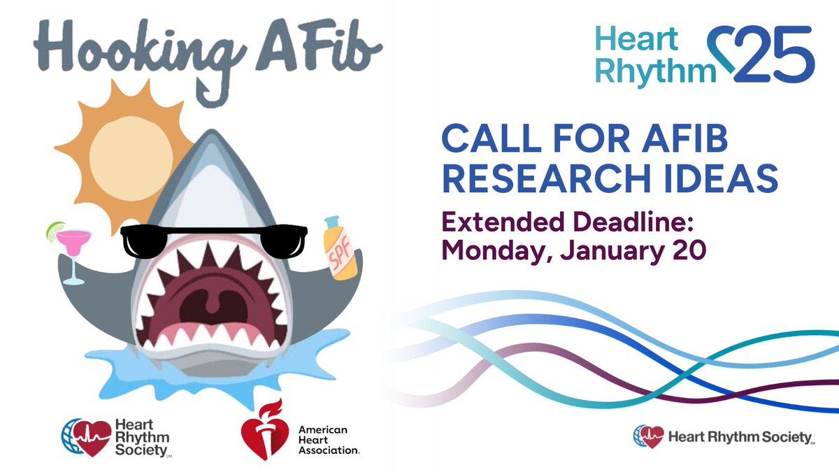 Heart Rhythm Society (@hrsonline) on Twitter photo DEADLINE EXTENDED! 🚨
Submit your brilliant #AFib research ideas for the chance to pitch them to a panel of HRS & <a href="/American_Heart/">American Heart Association</a> "sharks" during the 5th annual Shark Tank: Hooking AFib at #HRS2025 in #SanDiego. Top 3 idea submissions receive complimentary meeting registration! DEADLINE EXTENDED! 🚨
Submit your brilliant #AFib research ideas for the chance to pitch them to a panel of HRS & <a href="/American_Heart/">American Heart Association</a> "sharks" during the 5th annual Shark Tank: Hooking AFib at #HRS2025 in #SanDiego. Top 3 idea submissions receive complimentary meeting registration!