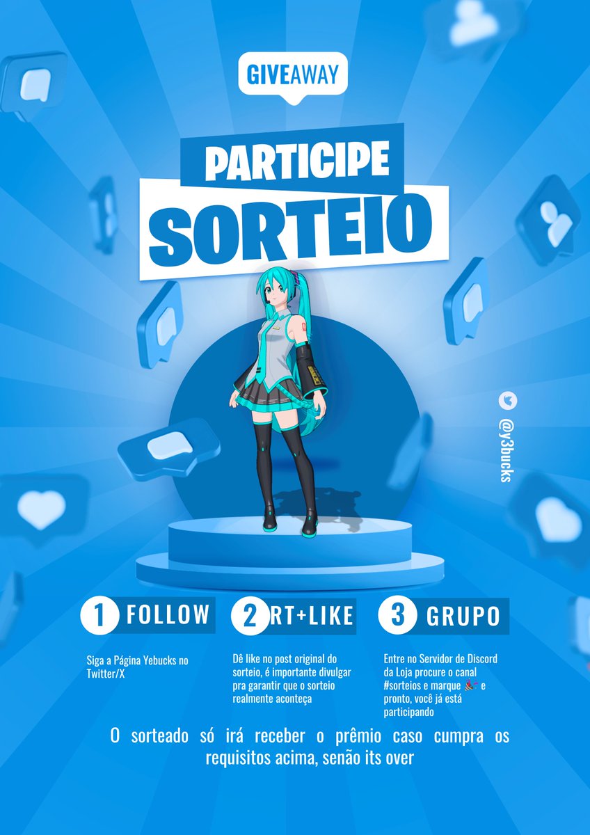 YebucksLoja's tweet photo. Vocês pediram a Hatsune Miku e a gente trouxe!!!!
🎁 SORTEIO DE 1x Skin Hatsune Miku da Loja de itens!
•  Regras: Cumprir todos os requisitos da imagem 
•  O Sorteio se encerra neste Domingo dia 19/01 
#Fortnite 
Nosso servidor do Sorteio: https://t.co/sFGZGPD6GT https://t.co/2Y7JhDIf8f