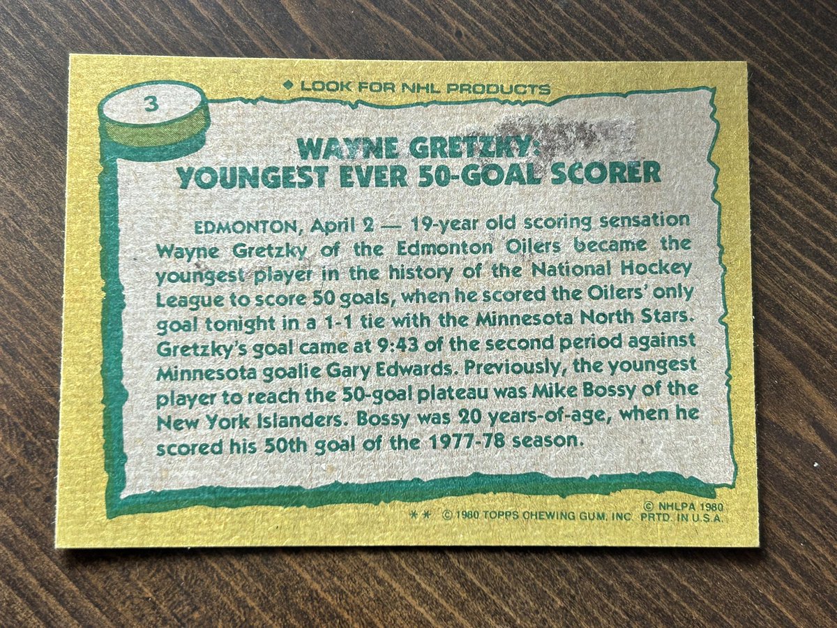WaxPack916's tweet image. Good afternoon Hobby Twitter! Today’s #CardoftheDay is a big one. It’s the final card for my 1980-81 Topps #SetBuild. It’s Wayne Gretzky Record Breaker card for the youngest player to score 50 goals in a season.