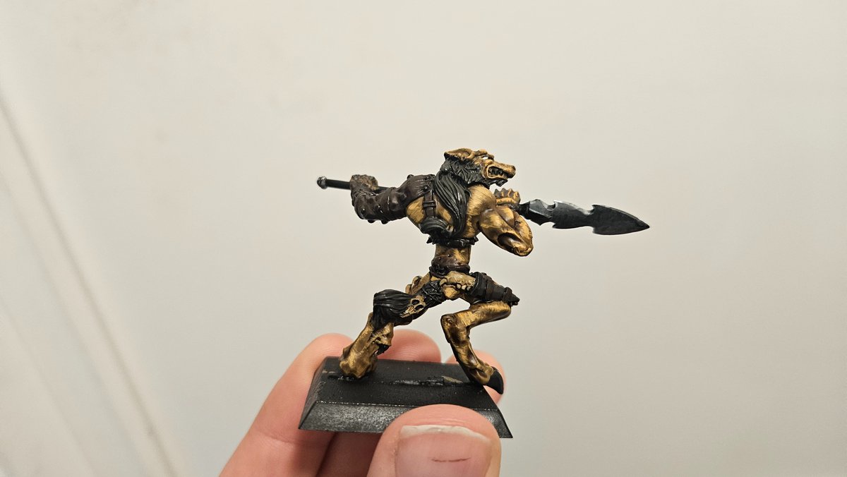 WIP of my first Rackham Confrontation model, a Wolfen Tracker.  Also first crack at NMM on the spearhead. Got Ashantyr and Agyar next. Testing my fur painting skills too.