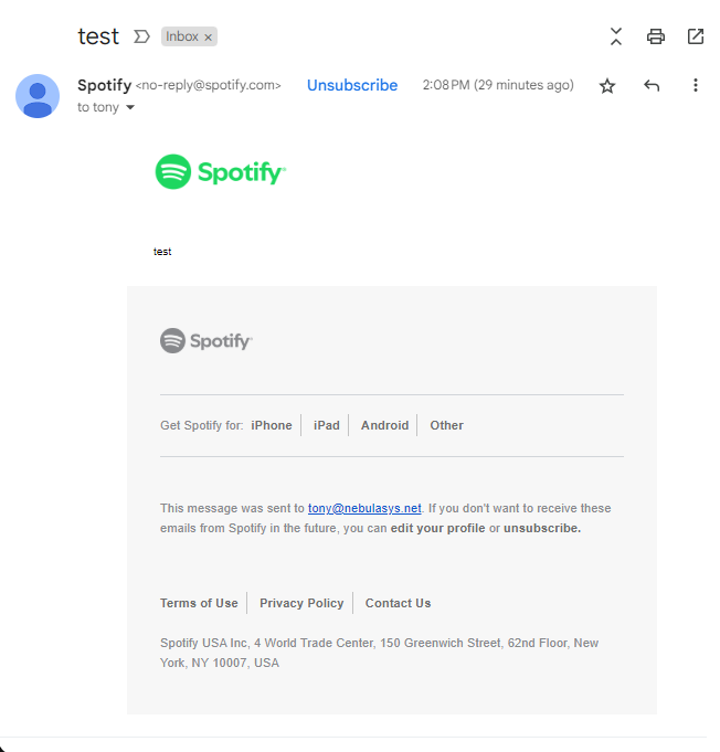 AWSullivan's tweet photo. Test successful @Spotify! Nice work! https://t.co/2Oc60VnzHK