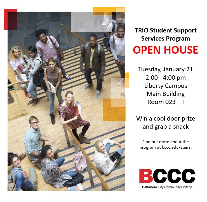 my_bccc's tweet image. Join us on January 21 from 2-4:00 pm at BCCC's Liberty Campus to learn about how the TRIO SSS Program community empowers students to excel in college. Learn more about the TRIO SSS Program at bccc.edu/stairs. #BCCC #BCCCTRIO #TRIOProgram