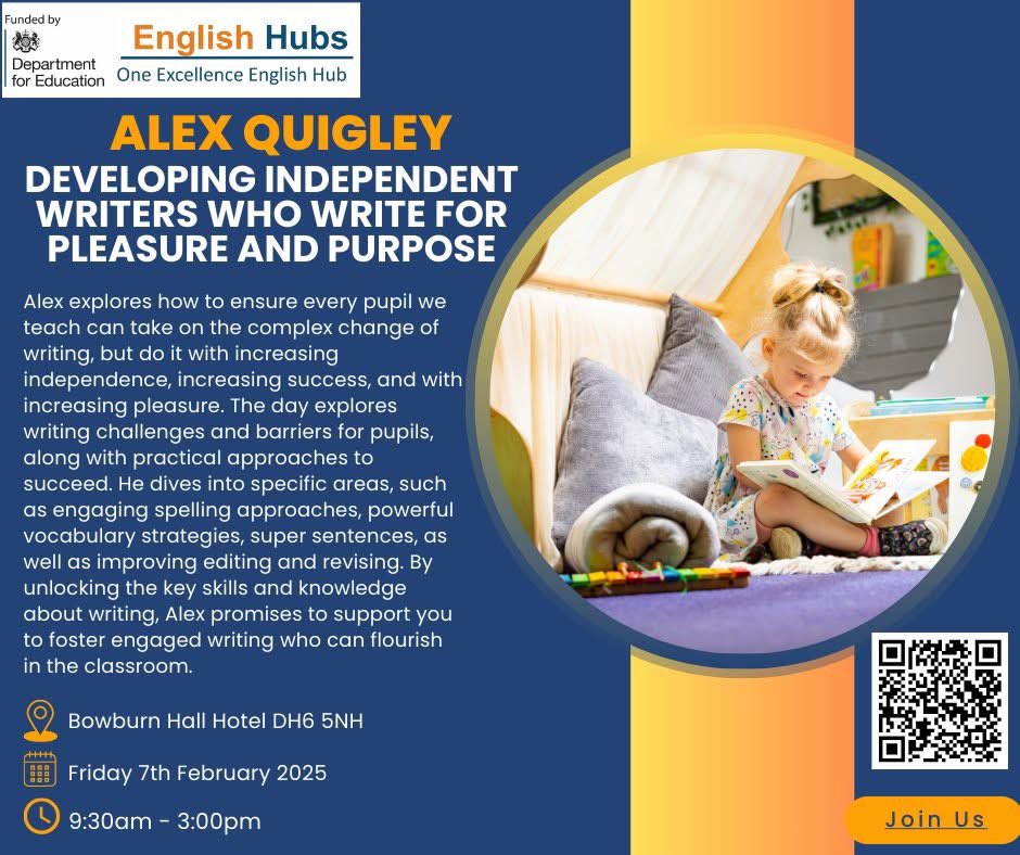 One Excellence English Hub (@oneexcellenceeh) on Twitter photo We are excited for <a href="/AlexJQuigley/">Alex Quigley</a> to be joining us on Friday 7th February to look at Developing Independent Writers Who Write for Pleasure and Purpose.
Click here to book your place today:
bookwhen.com/stmichaelsengl… We are excited for <a href="/AlexJQuigley/">Alex Quigley</a> to be joining us on Friday 7th February to look at Developing Independent Writers Who Write for Pleasure and Purpose.
Click here to book your place today:
bookwhen.com/stmichaelsengl…