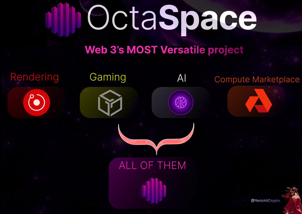 YorichiiCrypto's tweet photo. Crypto’s Most Versatile Project - OctaSpace 🥇

Let me break this down as simply as possible:

If you’re looking for a Web3 rendering farm ?

There’s ONLY $RENDER and $OCTA.

If you’re looking for a gaming project ?

Among many, there’s $SAND, $GALA, and others.

But now, $OCTA is also offering gaming exposure with its remote gaming capabilities.

If you’re looking for a Decentralized compute marketplace with democratized pricing ?

There’s ONLY $AKT and $OCTA.

If you’re looking for an AI project ?

Among the many choices, there is  $PAAL and $OCTA.

If you’re looking for all of the above under one roof ?

ONLY $OCTA offers that.

This is not a race, it’s a marathon.

Temporary price action won’t shake me off one of the very few projects that has solved countless billion-dollar problems and is among the only ones with REAL users.

#1 conviction.