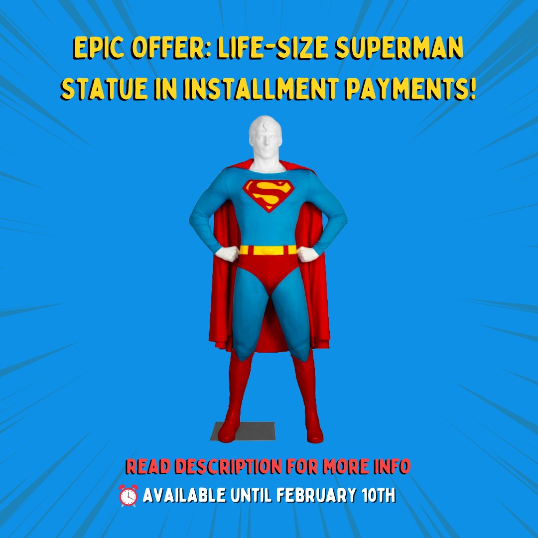 ActionCostumes's tweet photo. 💥EPIC OFFER: Life-Size Christopher Reeve Superman Statue in Installment Payments💥
You can order your Superman Statue and pay in up to 12 easy installments! Send us a message for more information📩

#Superman #Supermancollector #SupermanFan #ChristopherReeveSuperman https://t.co/loQ02odZ73